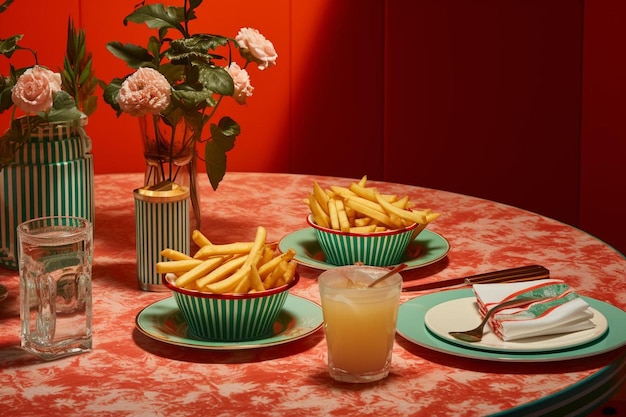 Foto franse frietjes geserveerd in een kleurrijke glazuurbak.