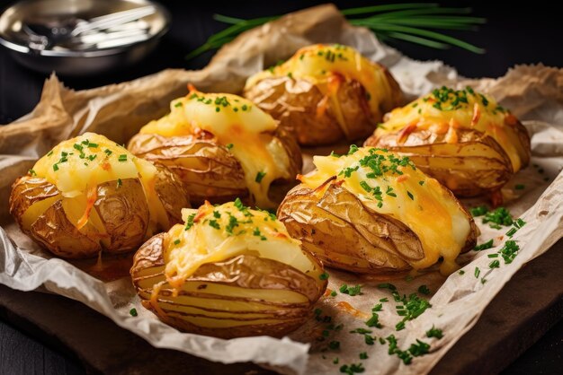 Foto franse gebakken aardappelen met kaas en uien op gerimpeld bakpapier