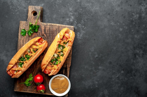 Franse hotdogs gebakken met kaas en mosterd op een stenen achtergrond