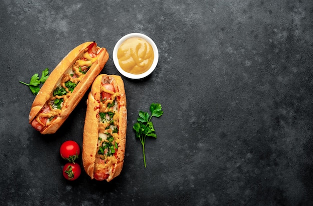 Franse hotdogs gebakken met kaas en mosterd op een stenen achtergrond
