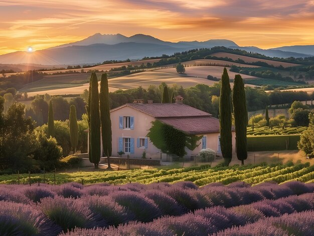 Foto franse lavendelbloemen veld traditioneel huis en bergen bij zonsondergang