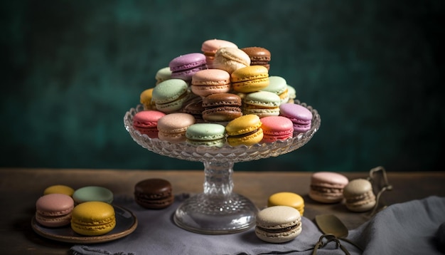 Franse macarons in een volle zoete stapel gegenereerd door AI