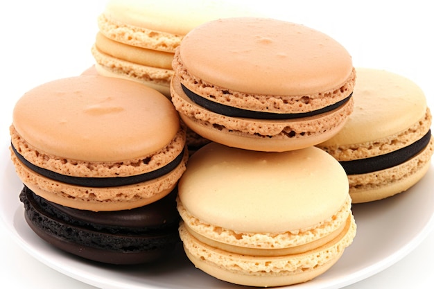 Franse macarons op een bord met thee en koffie in de stijl van donkeroranje en licht brons