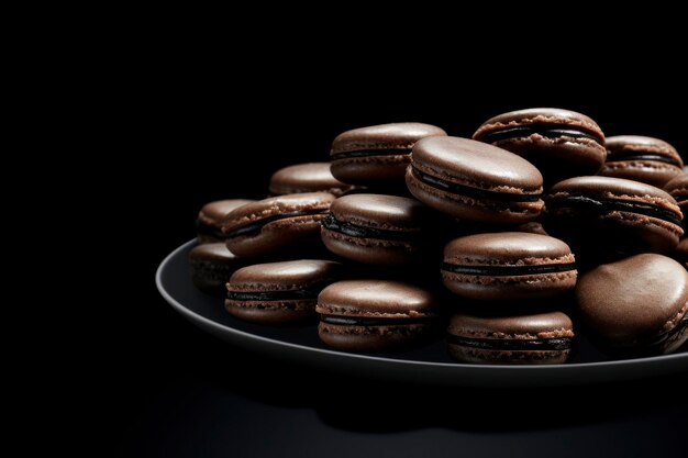 Franse macarons op een bord met thee en koffie in de stijl van donkeroranje en licht brons