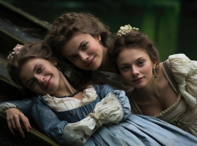 Franse meisjes op de rivierclose-up in de 18e eeuw
