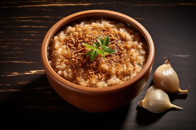 Franse uiensoep porridge met sjalot schaafstukken geserveerd in een heldere beige schaal Een troostend en lekker