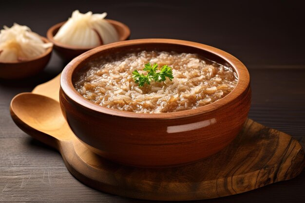 Franse uiensoep porridge met sjalot schaafstukken geserveerd in een heldere beige schaal Een troostend en lekker