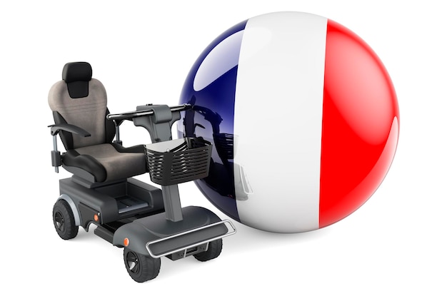 Franse vlag met indoor powerchair of elektrische rolstoel 3D-weergave geïsoleerd op witte achtergrond