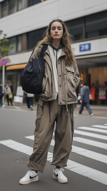 Franse vrouw staat hoog op straat.