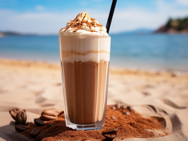 해변의 가장자리에 있는 프래페 커피 AI 세대