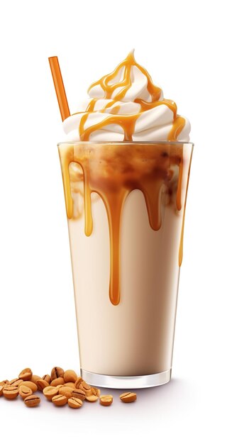 Frappe drink with caramel an nuts isolated on white background ai generative