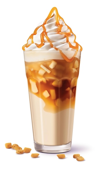 Frappe drink with caramel an nuts isolated on white background ai generative