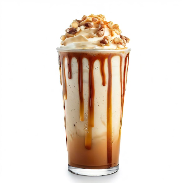 Frappe drink with caramel an nuts isolated on white background