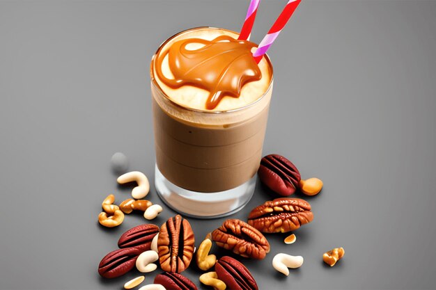 Frappe Drink with Colorful Caramel and Nuts Isolated on Wooden