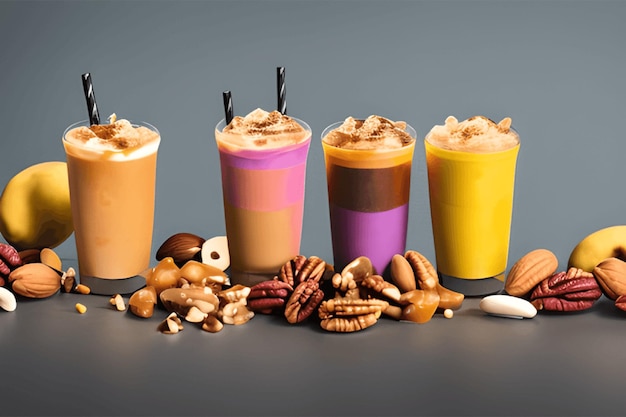 Photo frappe drink with colorful caramel and nuts isolated on wooden