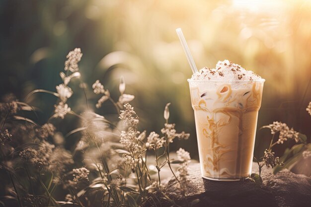 사진 해가 지는 배경에 크림과 함께 커피의 frappuccino