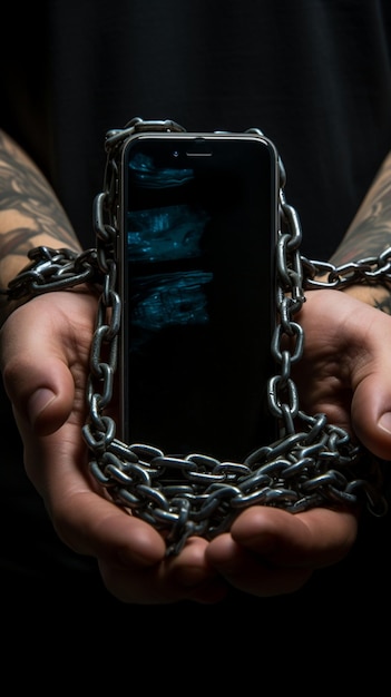 Fraudeurs houden geboeide handen vast aan de telefoon, wat symbool staat voor de gevolgen van verslaving en illegale communicatie