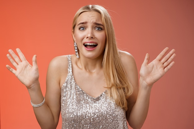 Freakedout nervous young girl worry party not go well panicking gesturing raised hands