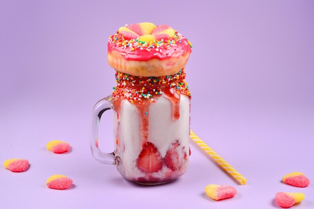 Freakshake Extreme milkshake with strawberry jelly sweets donut