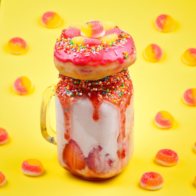 Freakshake Extreme milkshake with strawberry jelly sweets donut