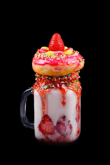 Freakshake Extreme milkshake with strawberry jelly sweets donut