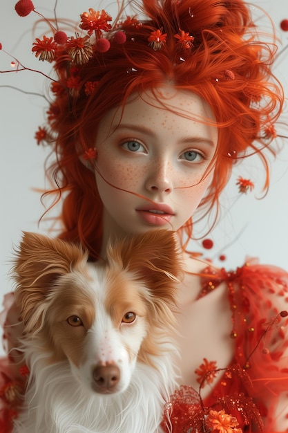 사진 얼룩진 소녀 는 개 와 사랑스러운 순간 을 나누고 있다
