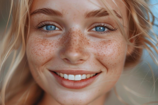 Freckles blonde blue eyed woman perfect skin smiling