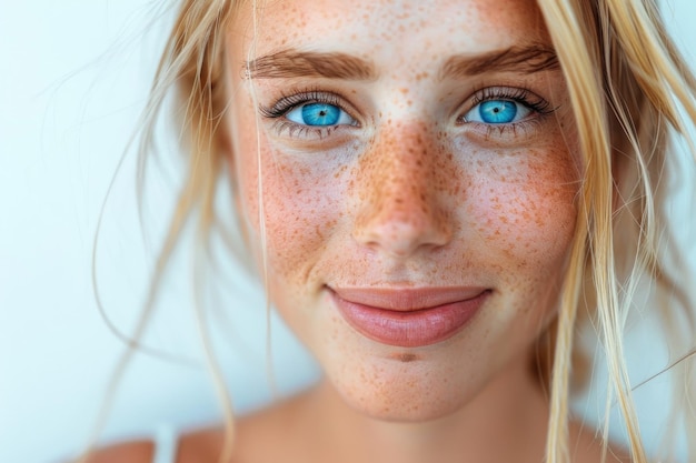 Freckles blonde blue eyed woman perfect skin smiling