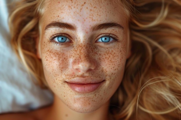 Freckles blonde blue eyed woman perfect skin smiling
