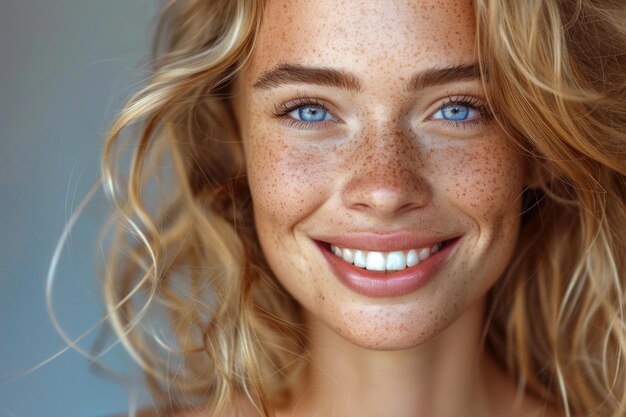 斑点の金の青い目のある女性 完璧な肌の笑顔