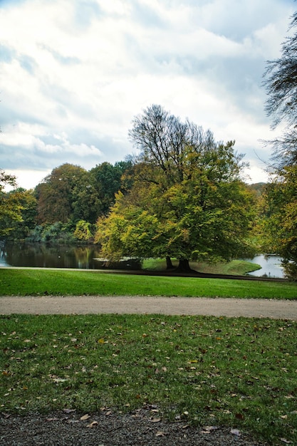 Frederiksborg Castle Park in autumn with mighty deciduous trees on the garden meadows