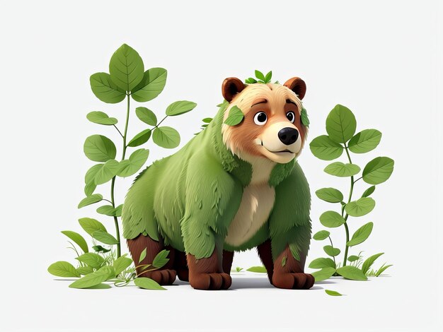 Free Adorable Bear in Cartoon Animation Style with Green Leaves Generative AI