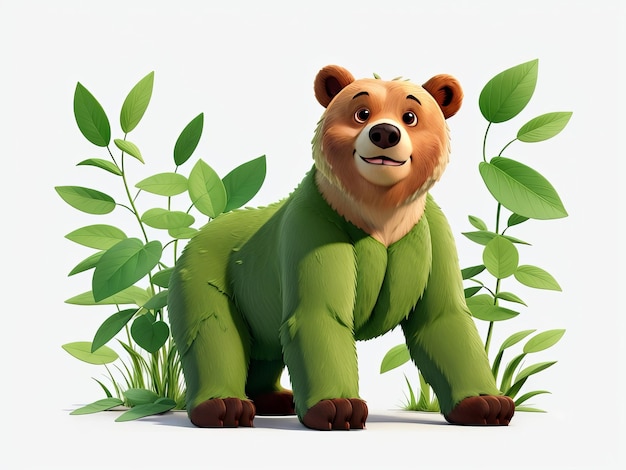 Free Adorable Bear in Cartoon Animation Style with Green Leaves Generative AI