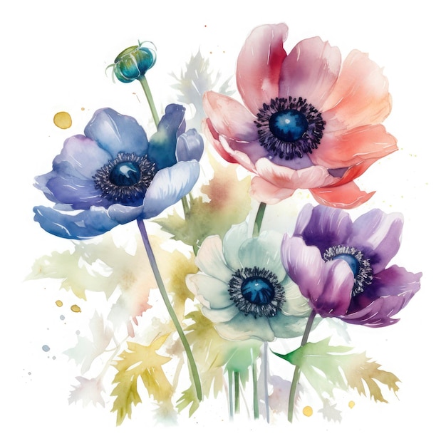 Free anemones flowers water color pastel white background generat ai