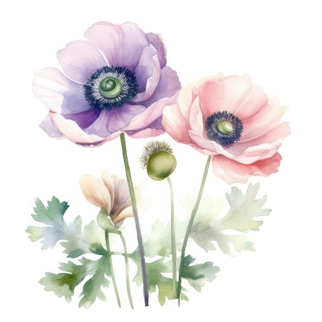 Free anemones flowers water color pastel white background generat ai