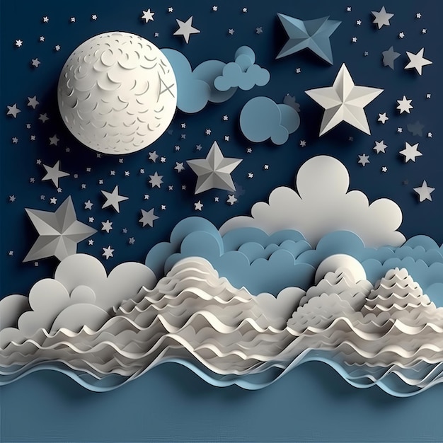 Бесплатный фон: луна и облака в стиле вырезки из бумаги Генеративный AI