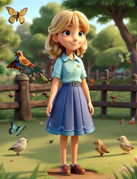 Free Beautiful girl with a gentle smile stands in the park surrounded by birds and insects