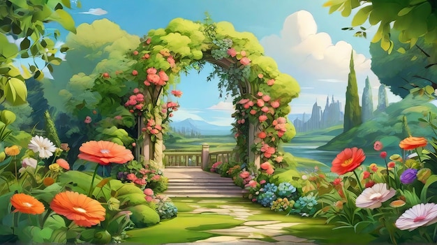 Free Beautiful green garden cartoon background illustration Generative AI