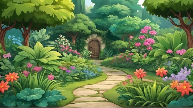 美しい緑の庭園のカートゥーン背景イラスト ジェネレーティブAI