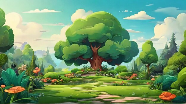 Photo free beautiful green garden cartoon background illustration generative ai