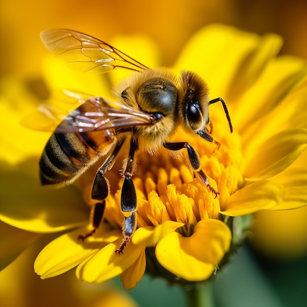 노란색 꽃에 있는 자유 벌 또는 벌은 을 수집합니다.