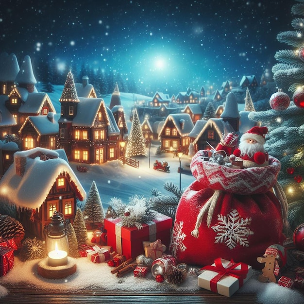 Free Christmas Holiday Background With a Red Sack Full Of Presents And a Winter Village