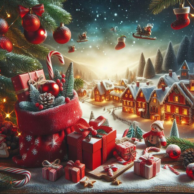 선물로 가득 찬 빨간 가방과 겨울 마을과 함께 무료 크리스마스 휴가 배경