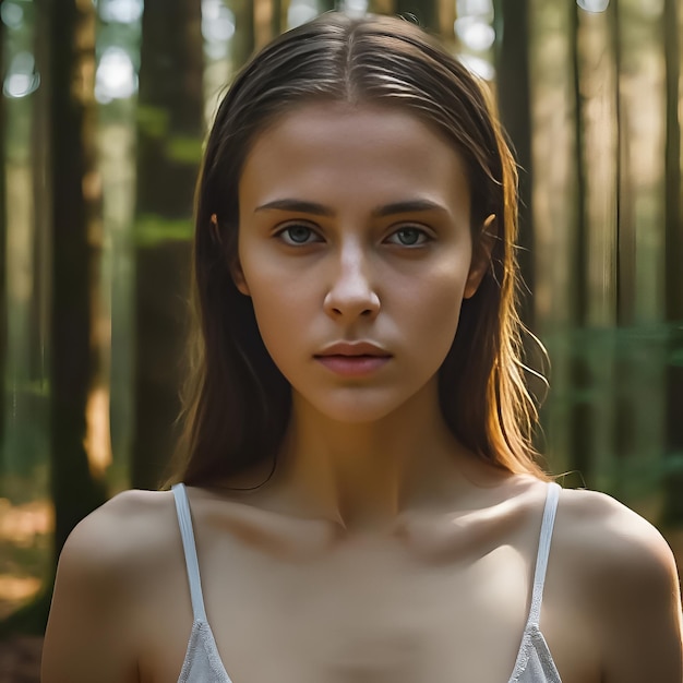 Photo free cute girl in forest close up shot