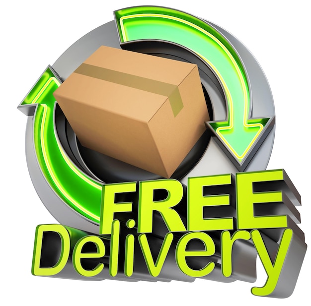 Photo free delivery sign with arrows and a cardboard box, rendering