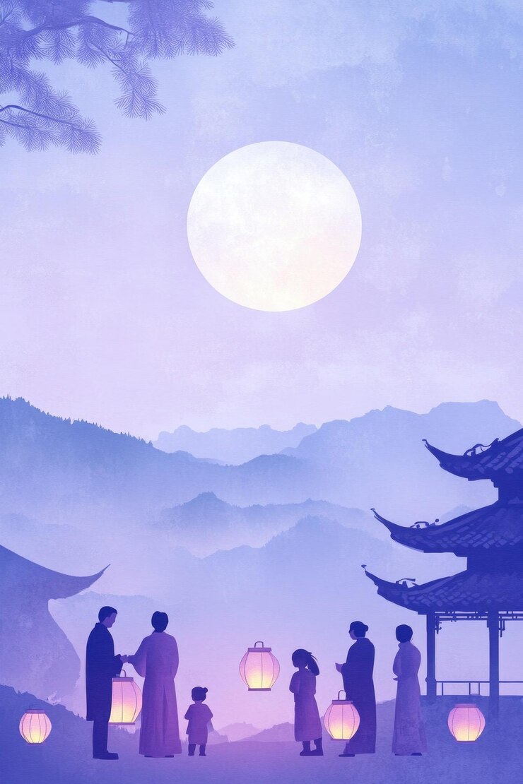 Photo 중순절 축제와 보름달 밤을 축하하는 사람들의 무료 그림