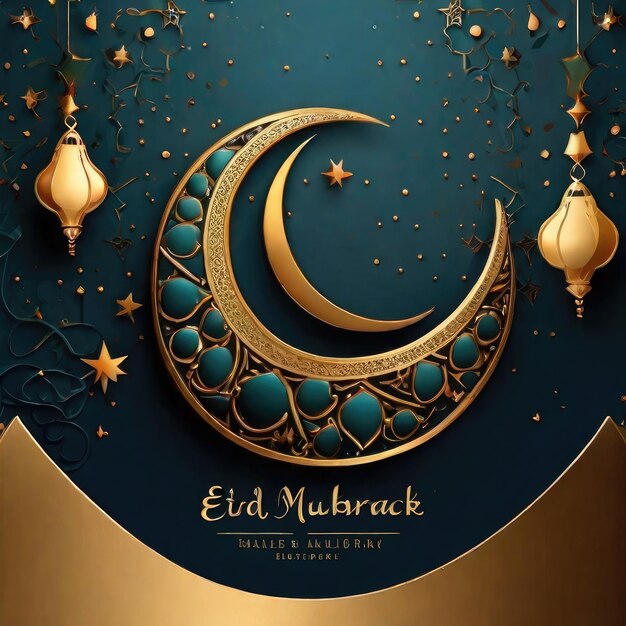 Бесплатный Ид Мубарак роскошный исламский приветственный фон с декоративным украшением золотой полумесяц