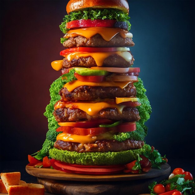 Free extravagant burger with multiple layers generative by Ai