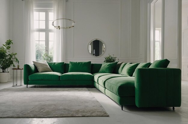 Free Flow Green Sofa in een minimalistische witte woonkamer