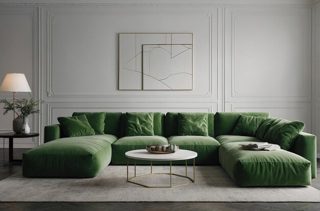 Free Flow Green Sofa in een minimalistische witte woonkamer